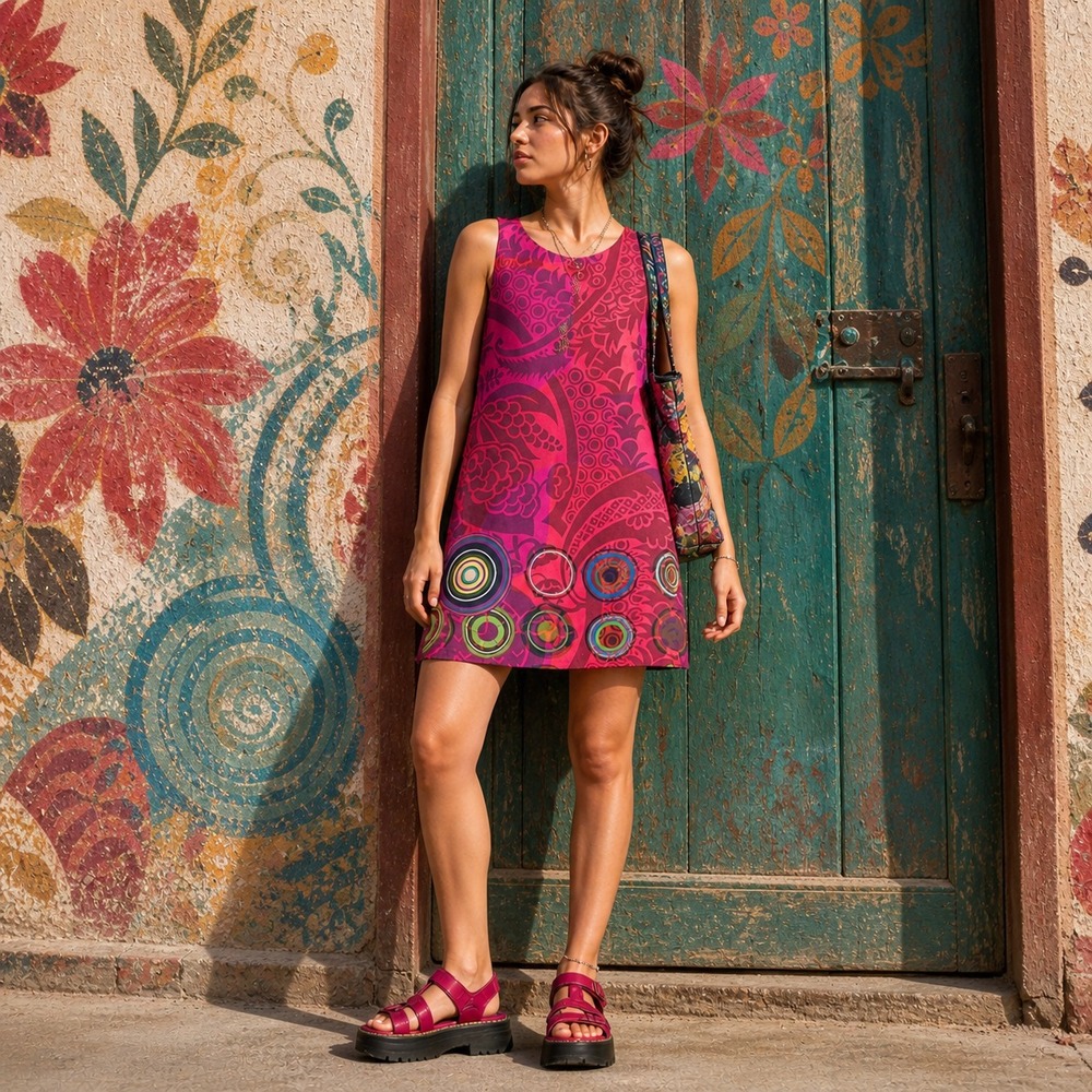 DESIGUAL Women's Mini Dress US 8 EU 40 Pink Multicolor Cotton Sleeveless 31V2L20